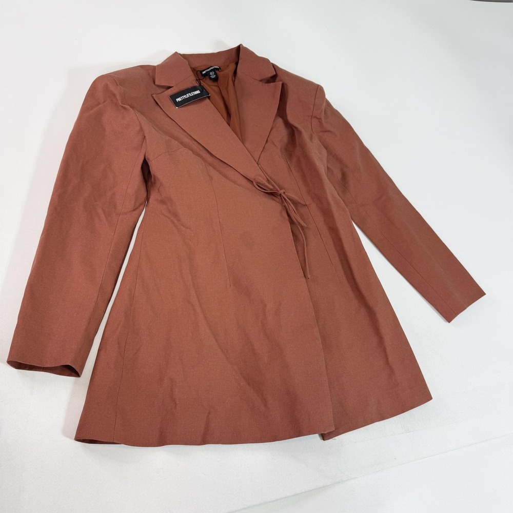 PrettyLittleThing Blazer Jacket Womens 8 Brown Tie Front Longline Wrap Collared